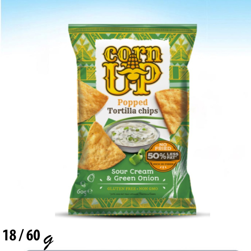 كورن أب رقائق الذرة الصفراء بنكهة الكريمة الحامضة والبصل الأخضر بدون جلوتين 60 غم